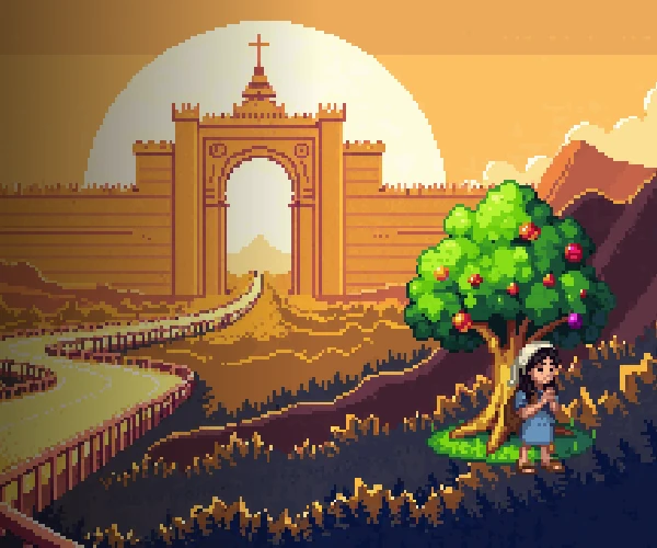 Manna: a pixel-art traveller resting under a fruit tree beside the road to a golden city.