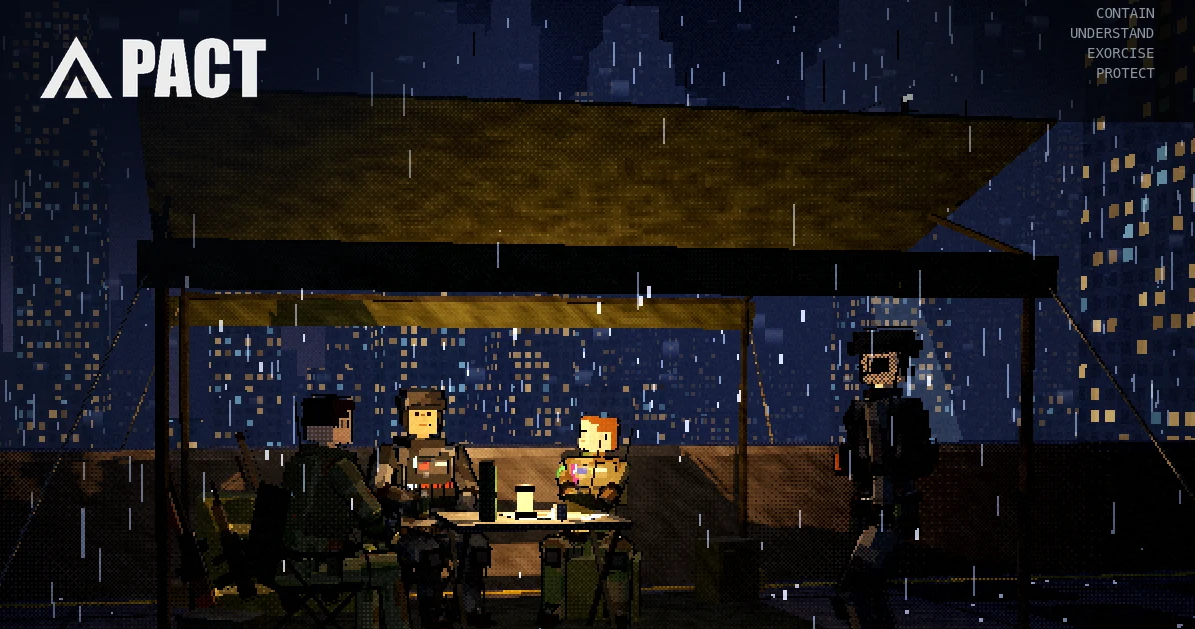 P.A.C.T: a four-person squad sheltering under a tarp on a rain-soaked rooftop at night, the city lit up behind them.