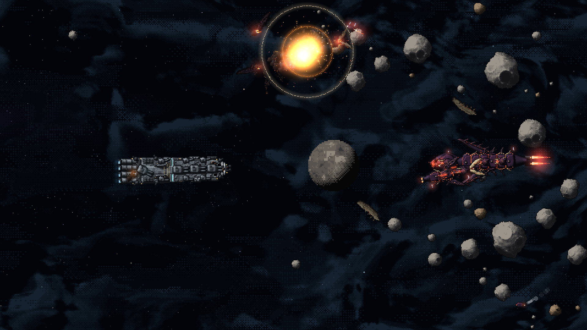 The Resolute: in the outer belt a light alien hull breaks apart in a fireball and a shock ring, between the grey human battleship on the left and the dark, insect-like alien heavy on the right.